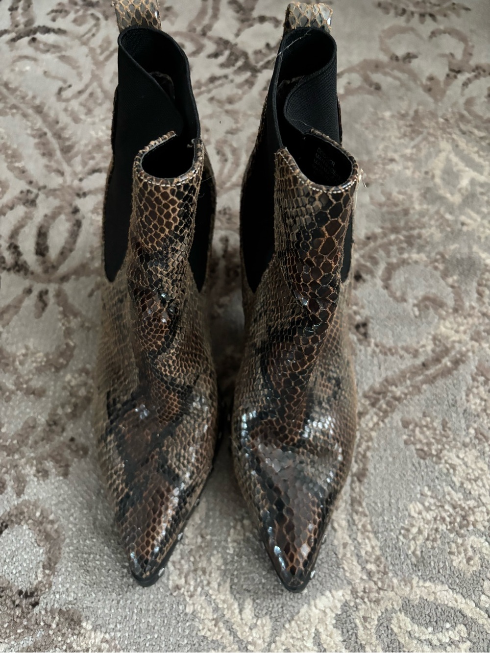 Women’s Snake-Print Pointed Toe Ankle Boots - Brown7 M